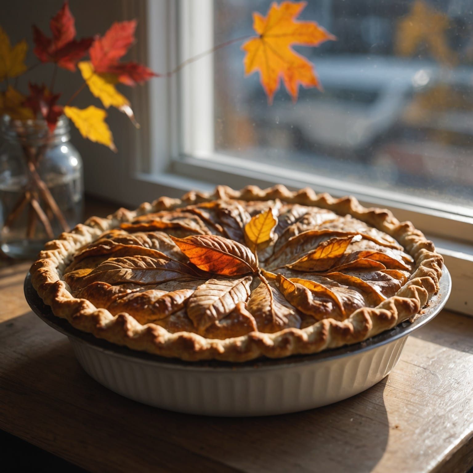 Steaming Autumn Leaf Pie on Windowsill