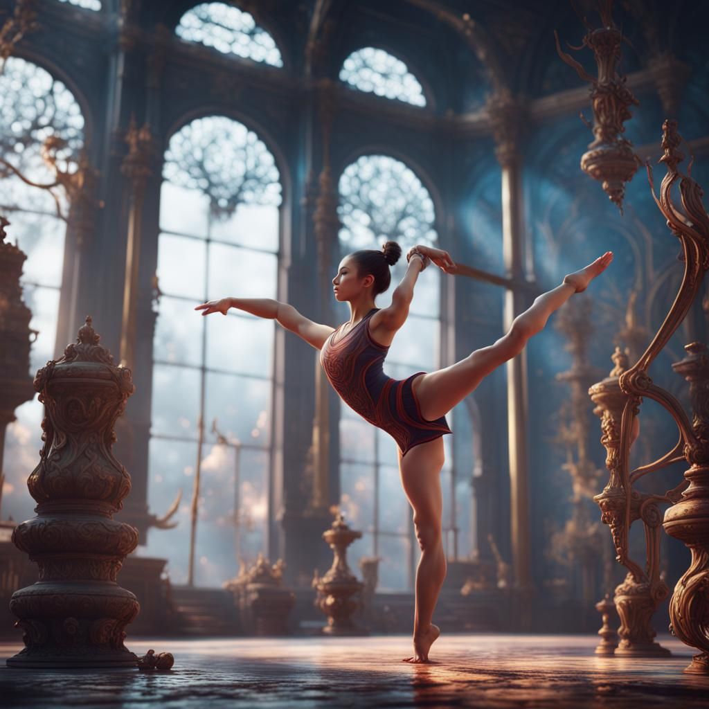 Aesthetic Girl Performing Gymnastics: Detailed Digital Art