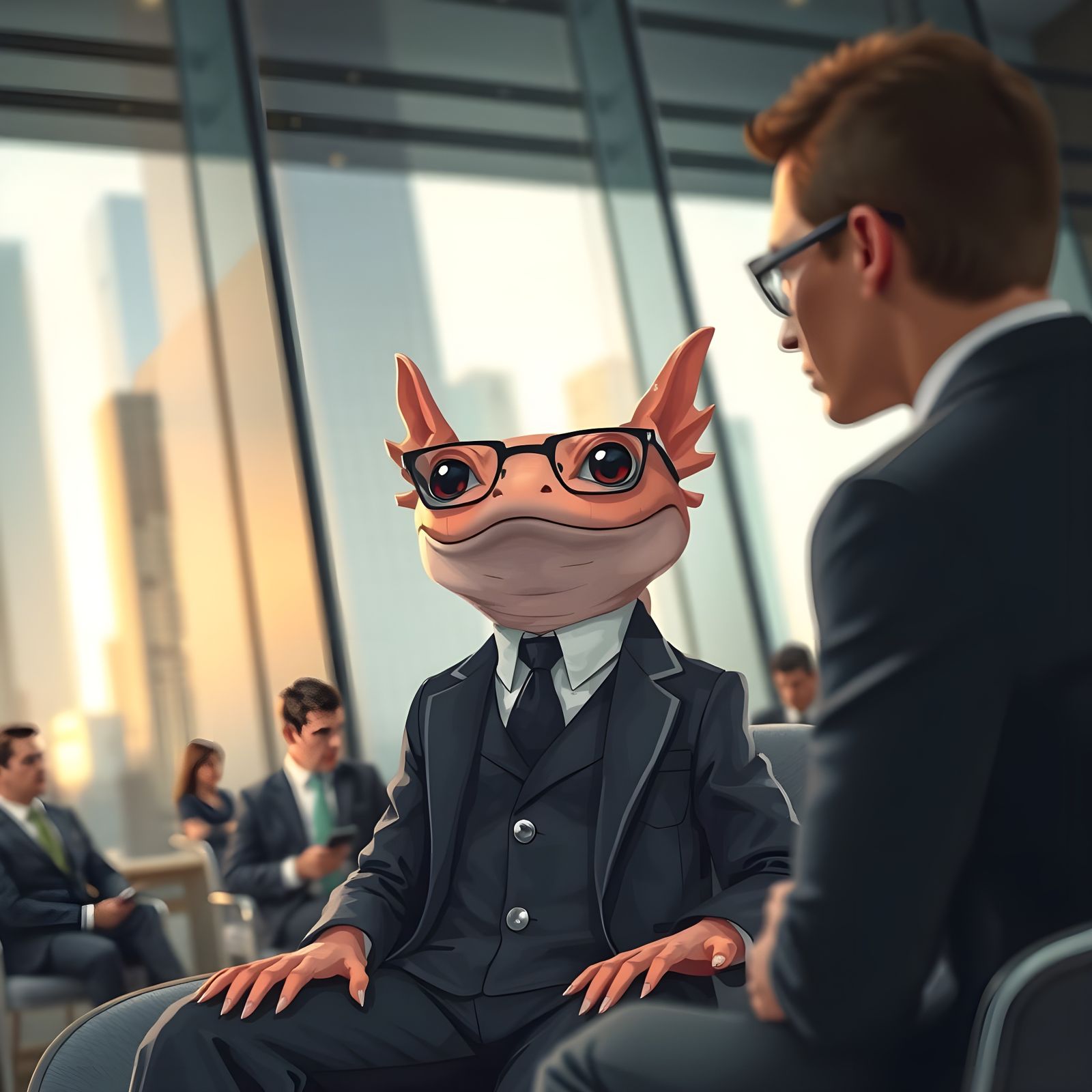 Futuristic Axolotl Executive in Modern Meeting Room