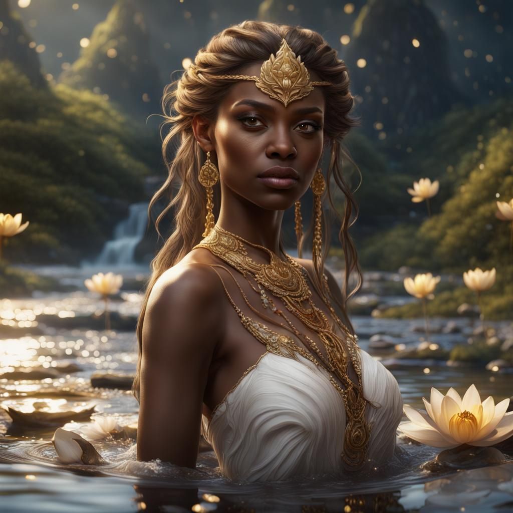 River Goddess with Lotuses: Detailed Fantasy Art