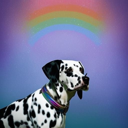 Adorable Dalmatian dog with cool vibes& shimmery rainbow background& magical vibes& fun vibes& friendly vibes