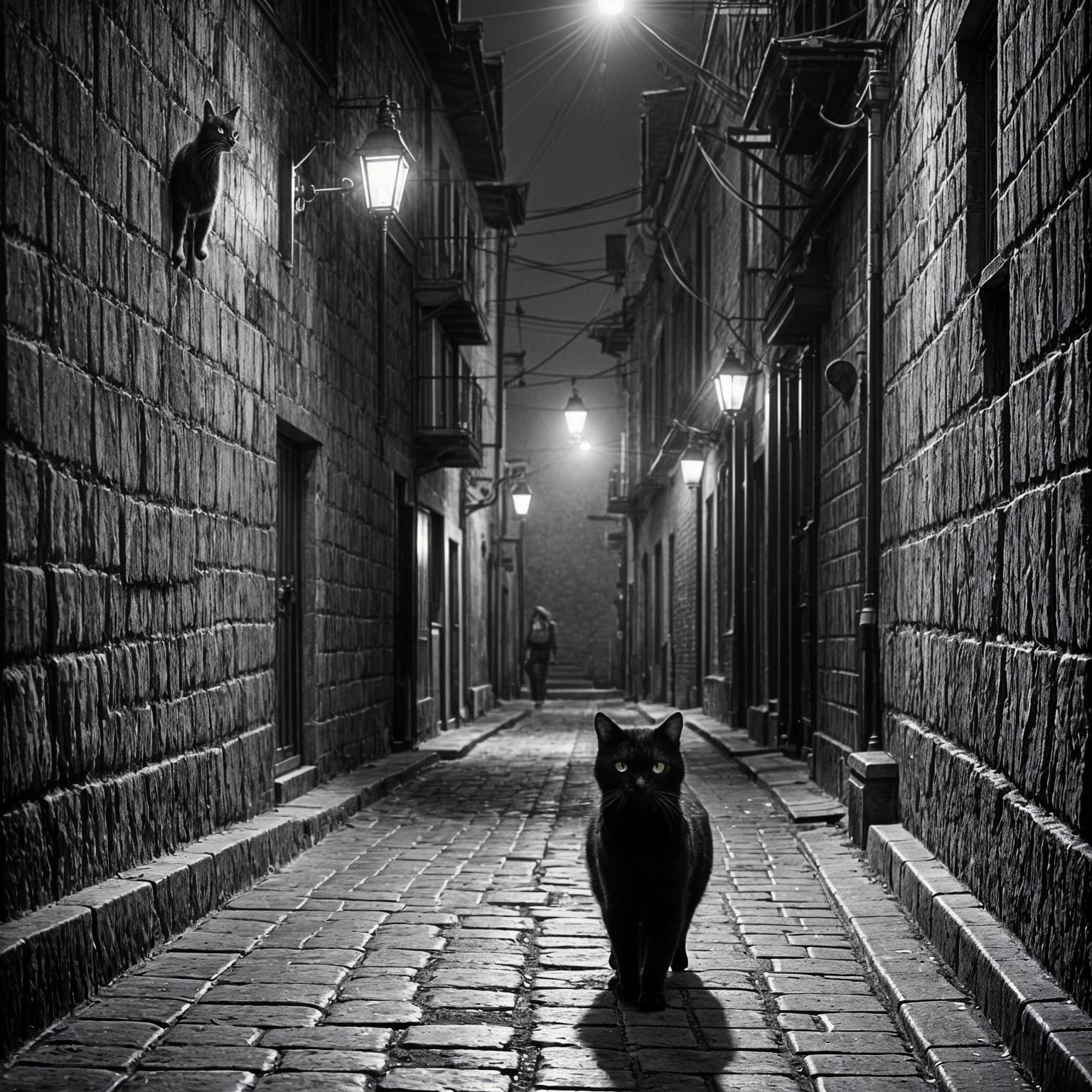 Monochrome Black Cat in Alley Photograph