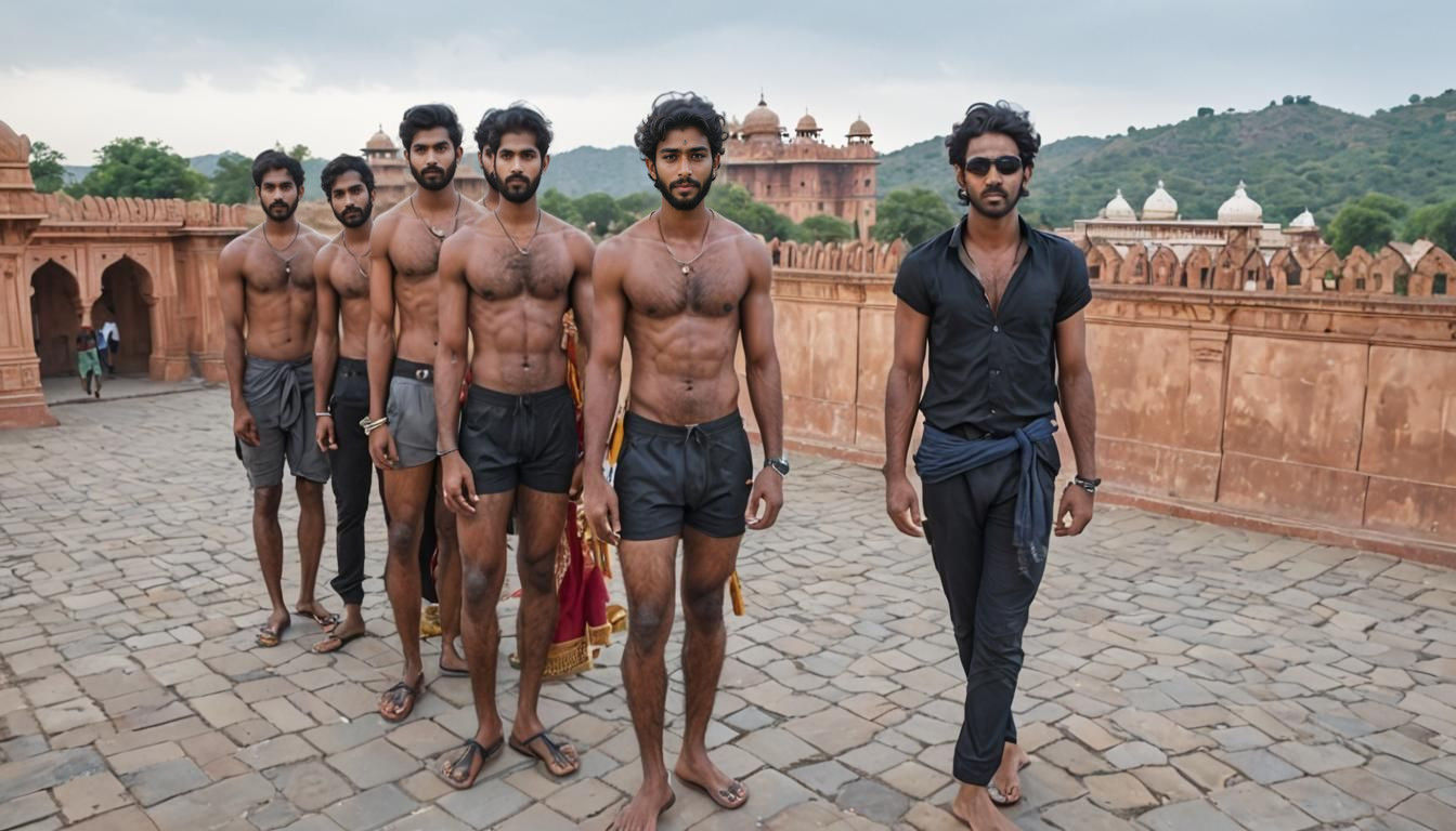 Handsome Men Pose in Front of Ornate Indian Palace