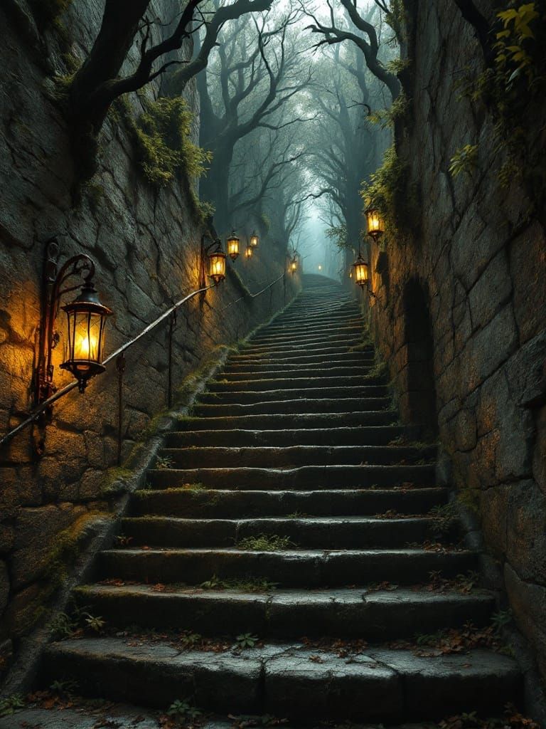 Ominous Stone Staircase Descends into Dark Forest