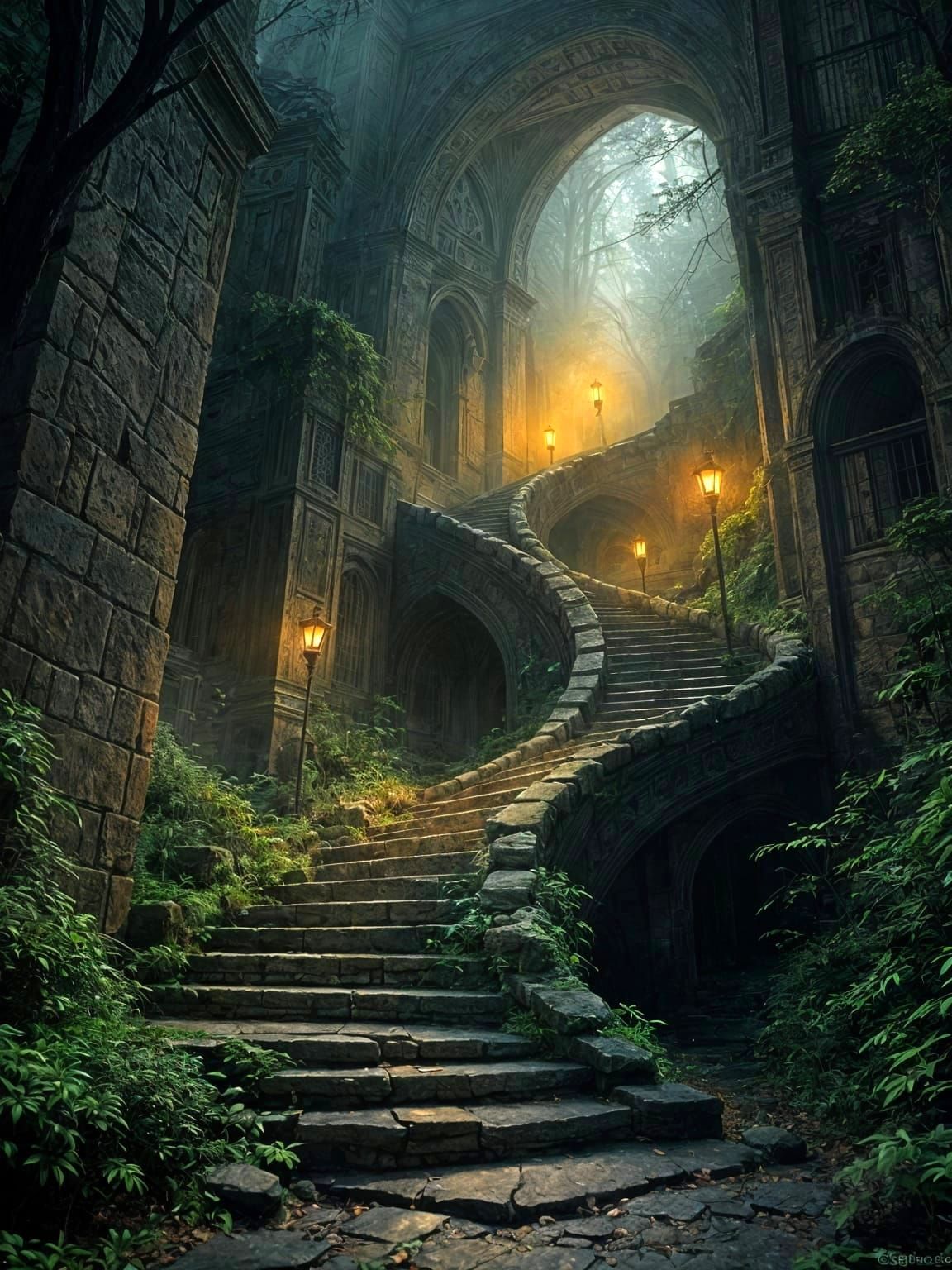 Surreal Hyperdetailed Staircase in a Dark and Foreboding For...