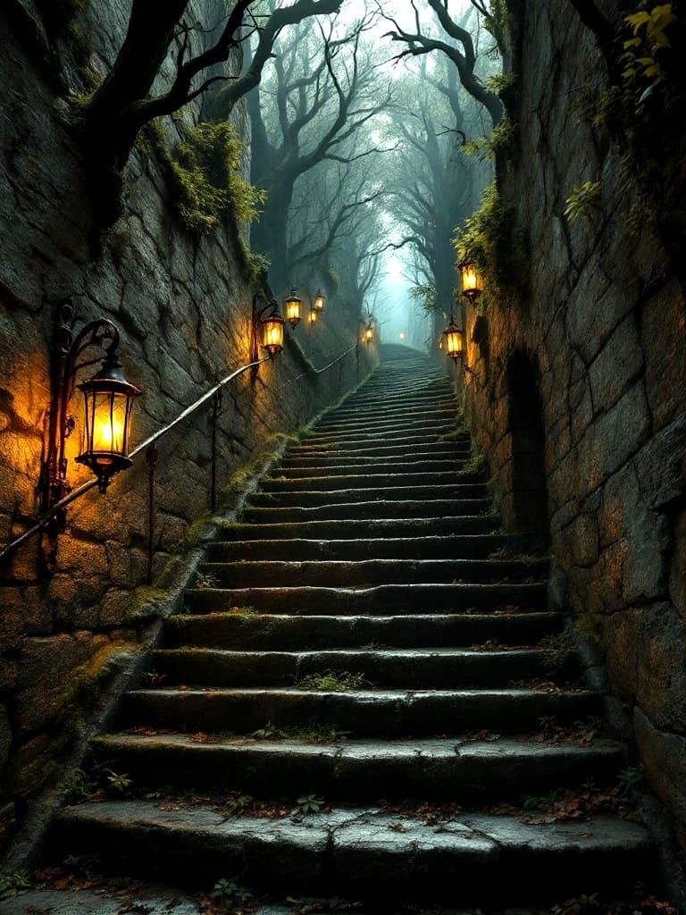 Dark, Ominous Stone Staircase Descends into Foreboding Fores...