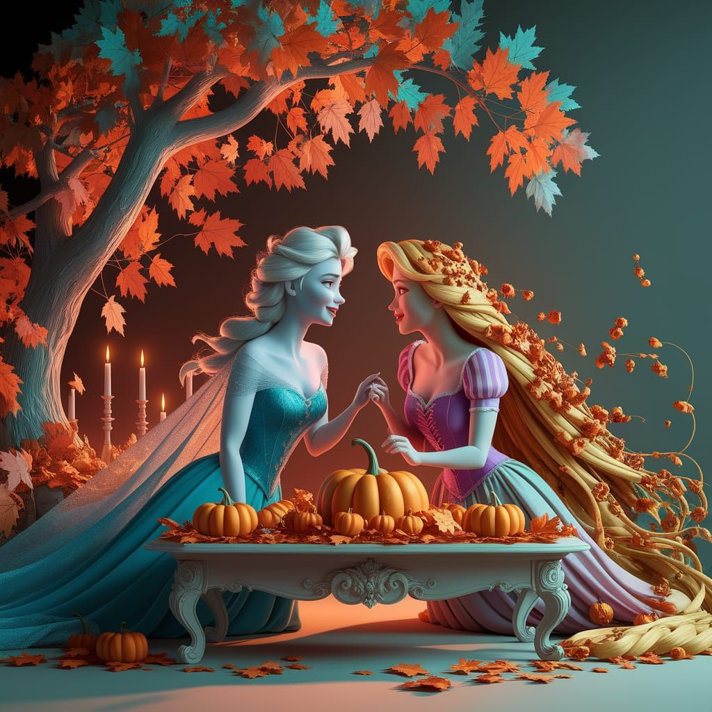 Elsa and Rapunzel Thanksgiving Feast in Autumn Forest