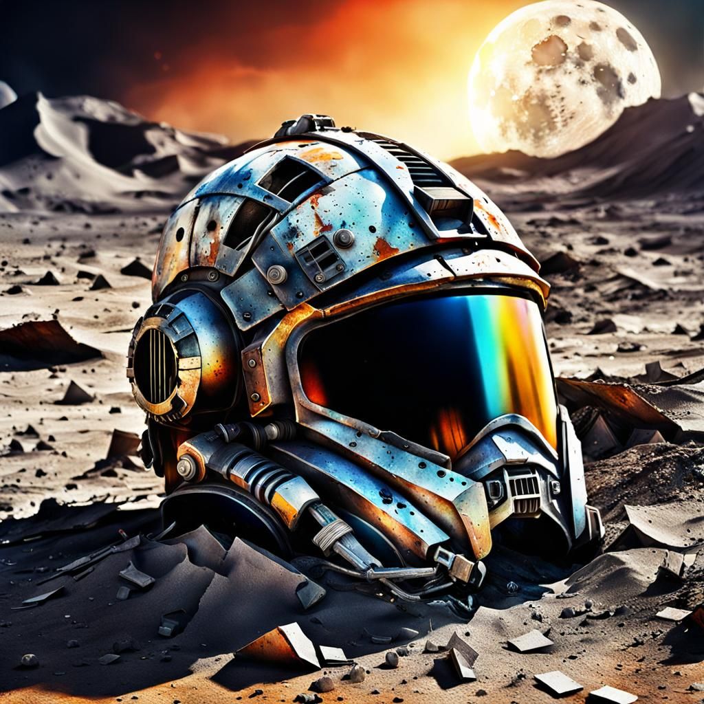 Abandoned Helmet on Moon in Digital Watercolor