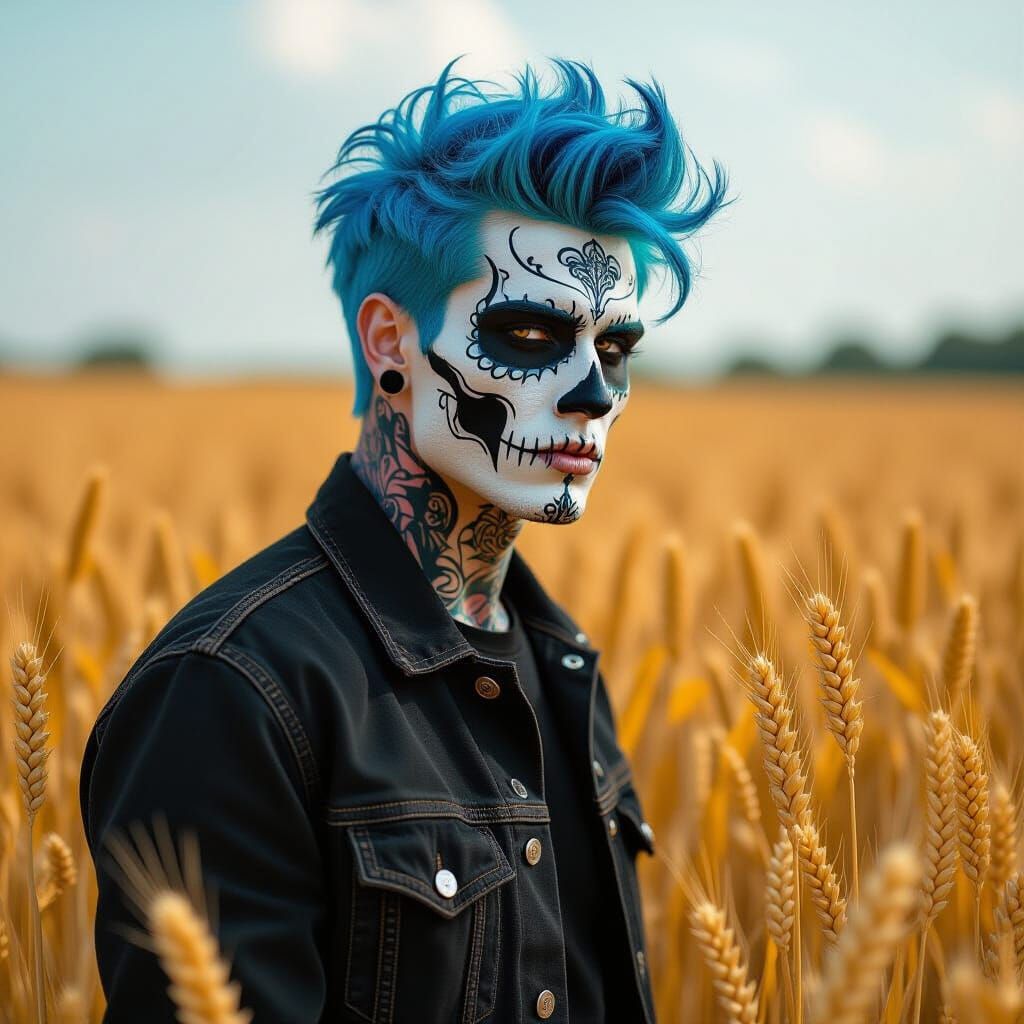 Man with Blue Hair and Skull Face Paint