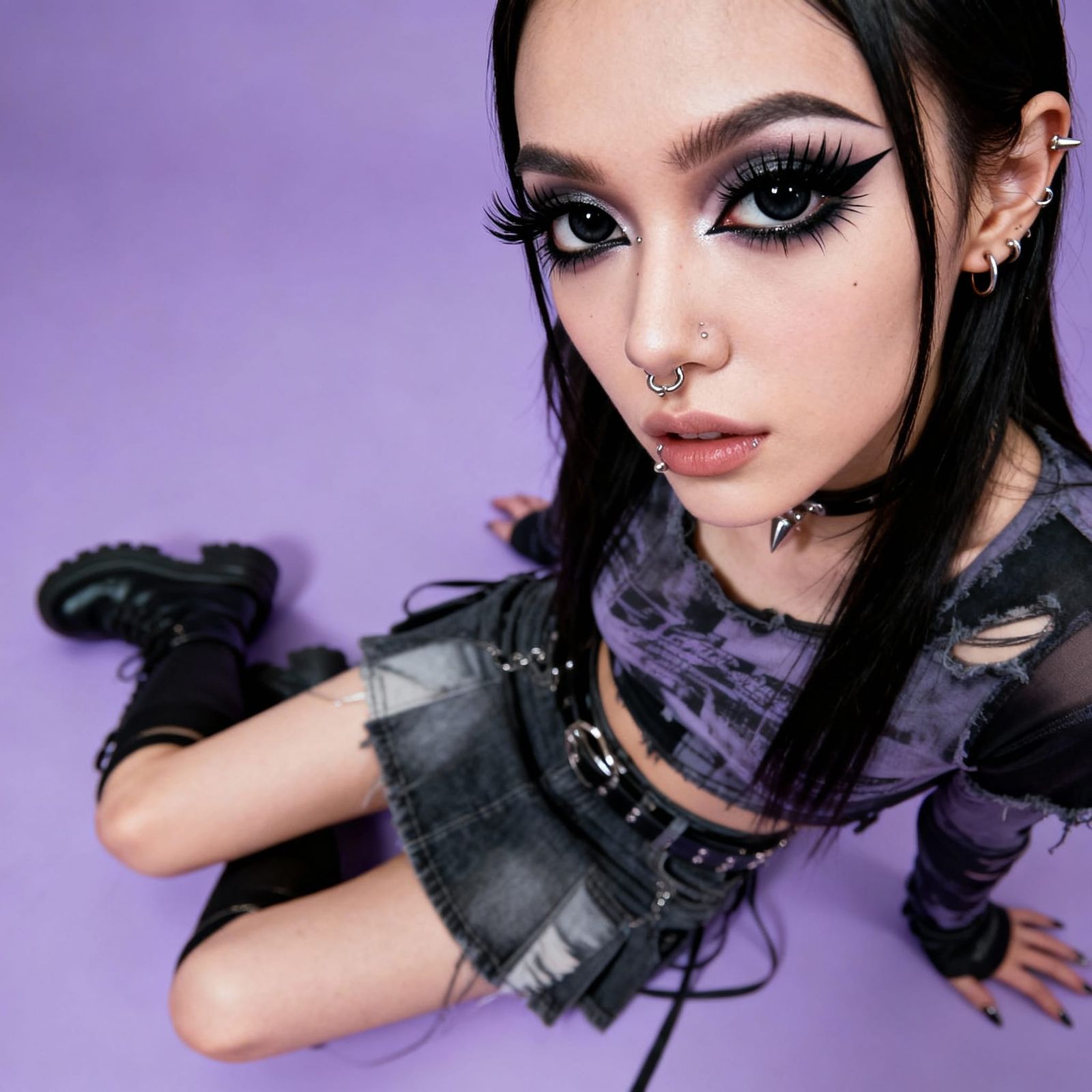 Hyperrealistic E-Girl with Avant-Garde Makeup on Purple Back...