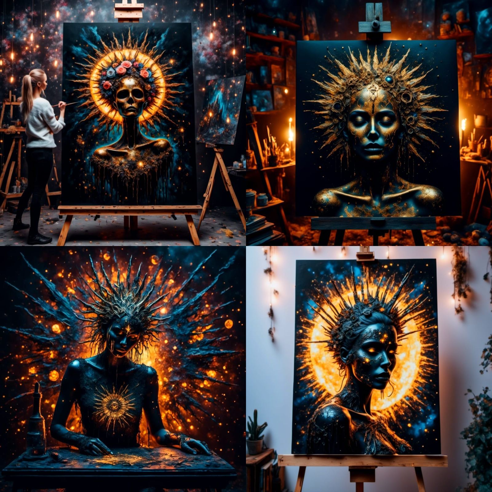 Black Sun Painting with Golden Highlights in Grunge Style