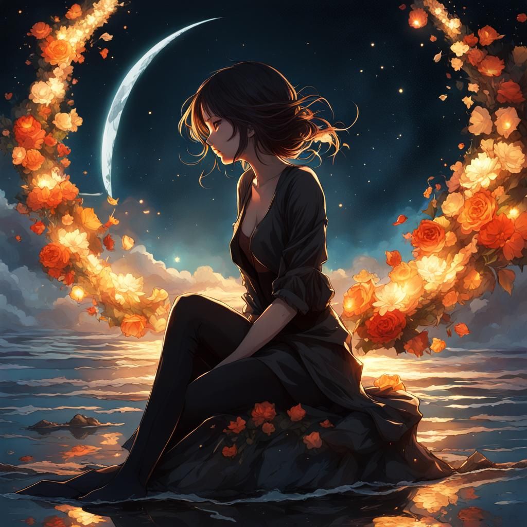 Noir Anime Girl Gazing at Fiery Moon