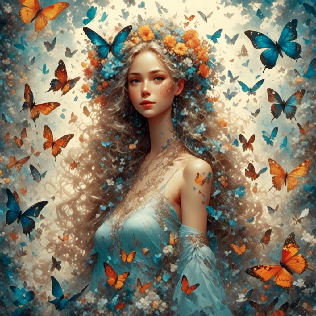 Girl in Floral Dress with Butterflies Watercolor Illustratio...