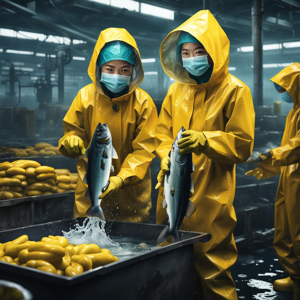 Asian Women Processing Salmon in Yellow Rain Suits
