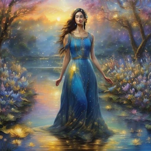 Woman in Blue Dress: Vibrant Oil Painting