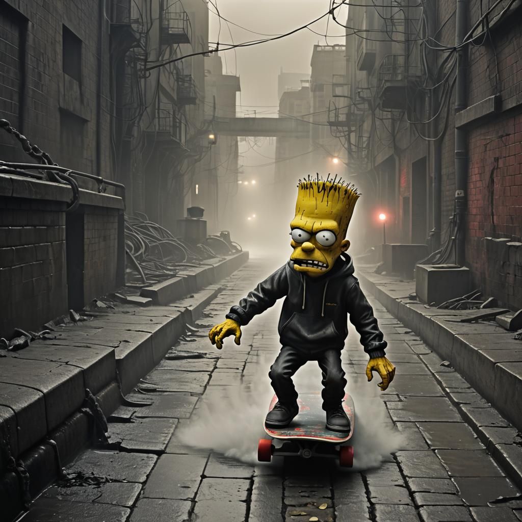 Dystopian Bart Simpson in Surrealist Cityscape