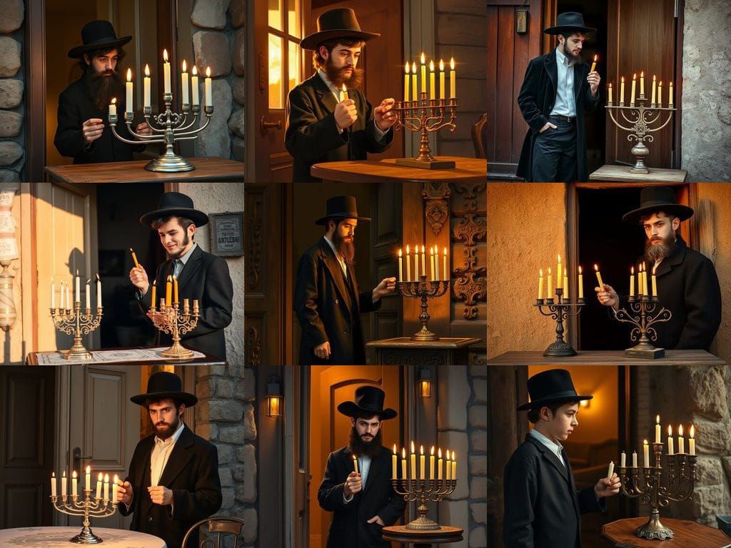 Young Haredi Boy Lighting Menorah in Traditional Hasidic Att...