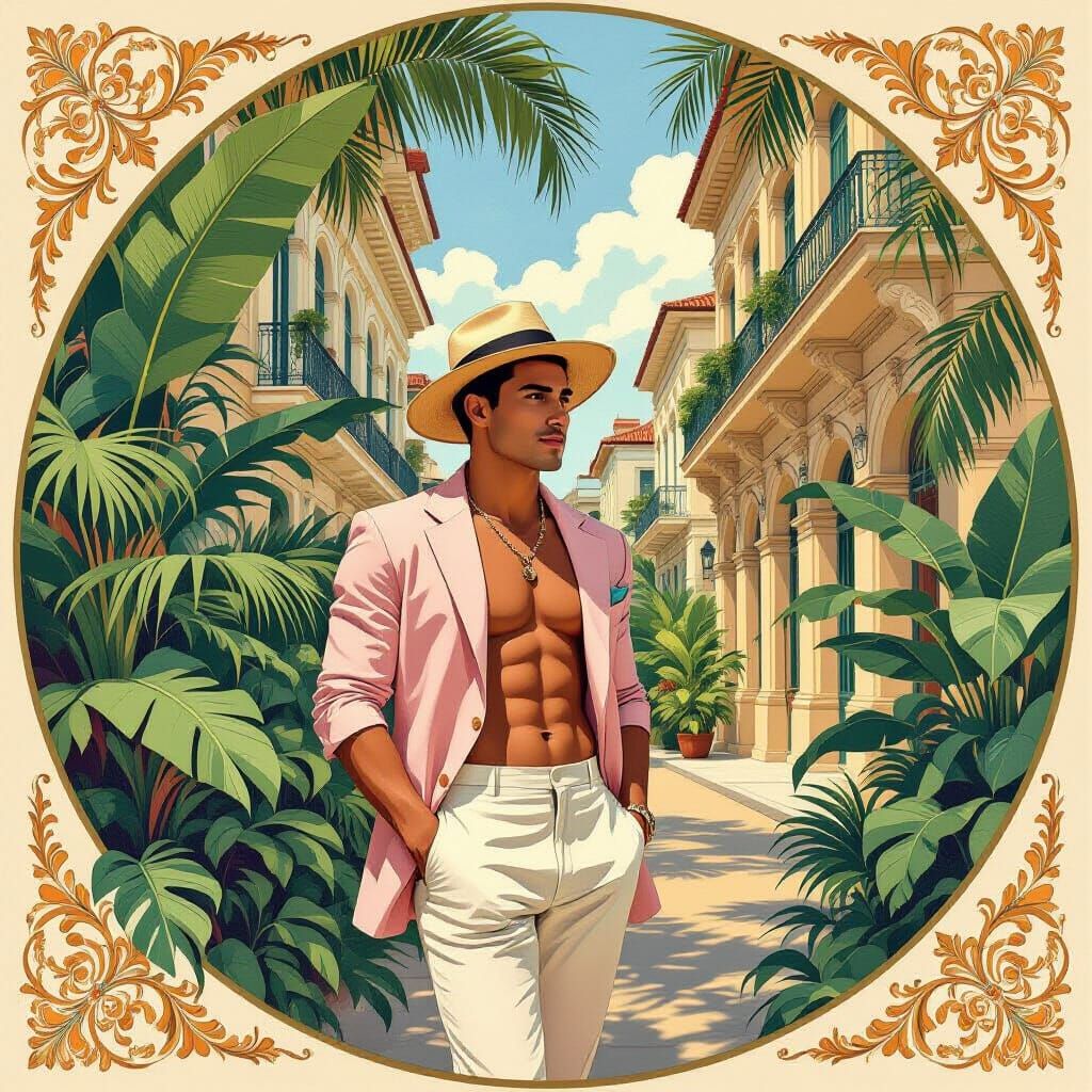 Cuban Man Blending with Havana in Art Nouveau Style