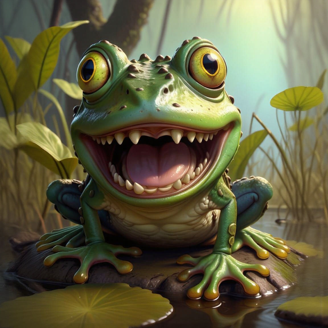 Cartoon Frog Laughing in Swamp