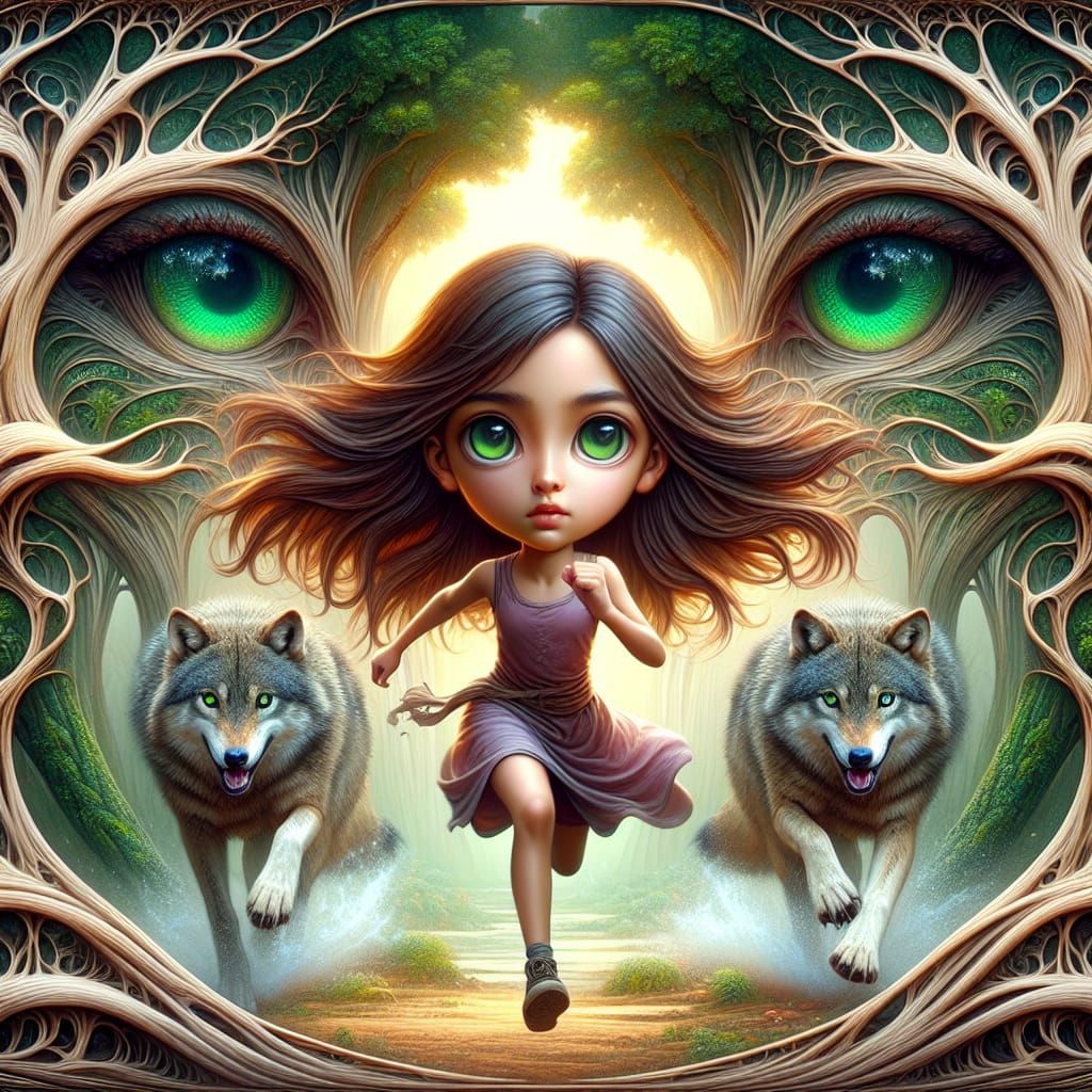 Girl Runs Through Forest, Wolves Behind Her
