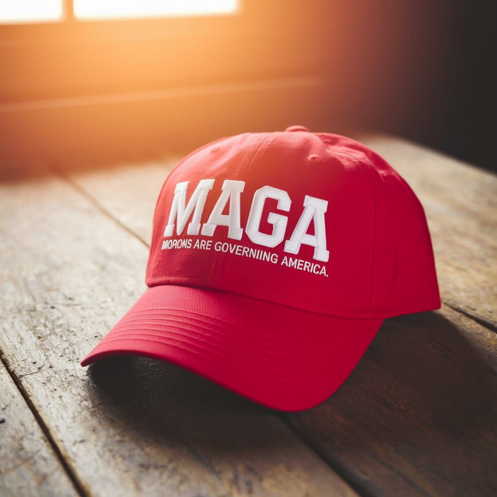 Vibrant Baseball Cap Critique: MAGA Hat on Rustic Table