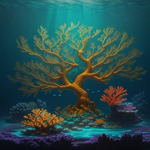 Underwater Stone Coral Tree in Neon Art Style