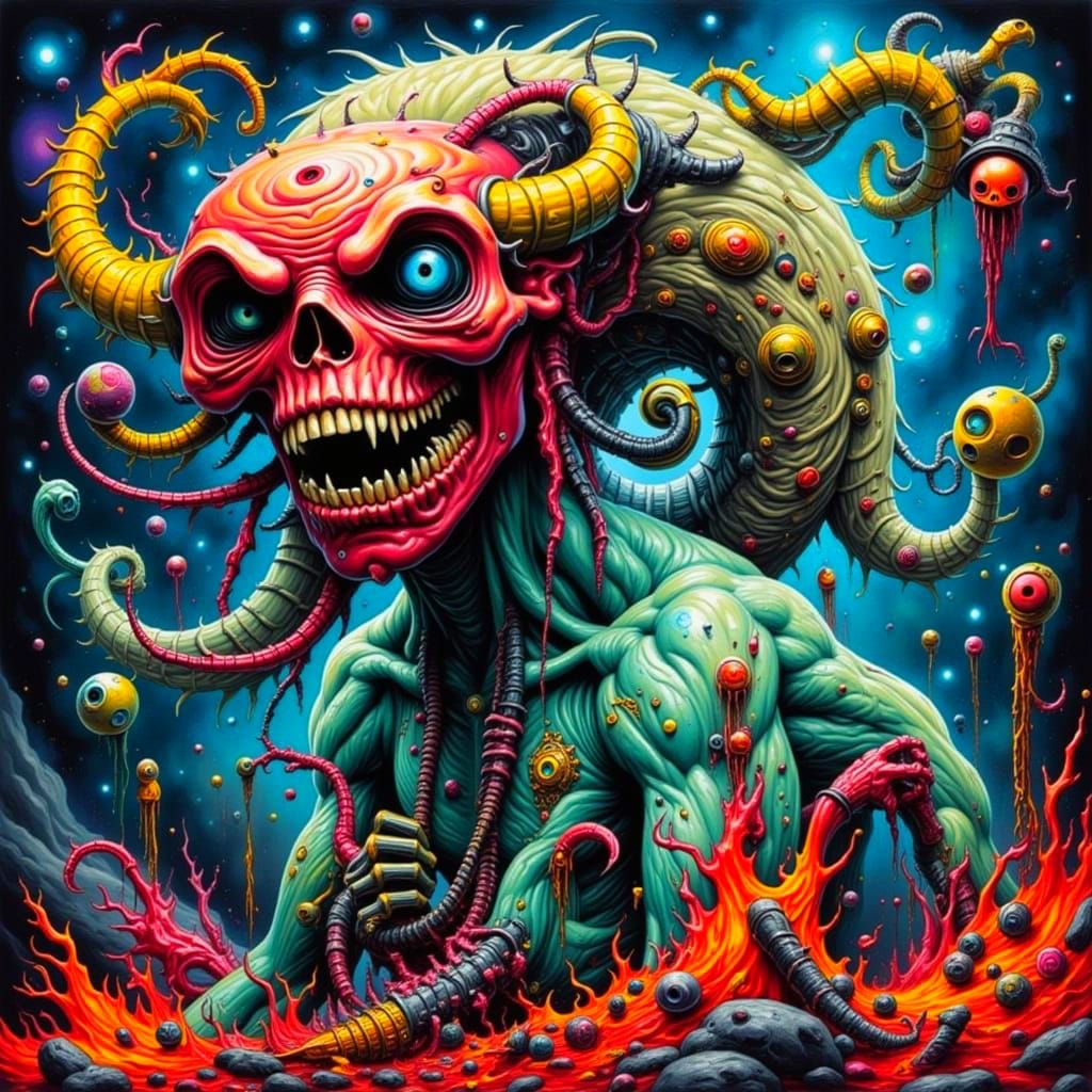 Cyberpunk Nightmare Creature Emerges from Dark Neon Haze