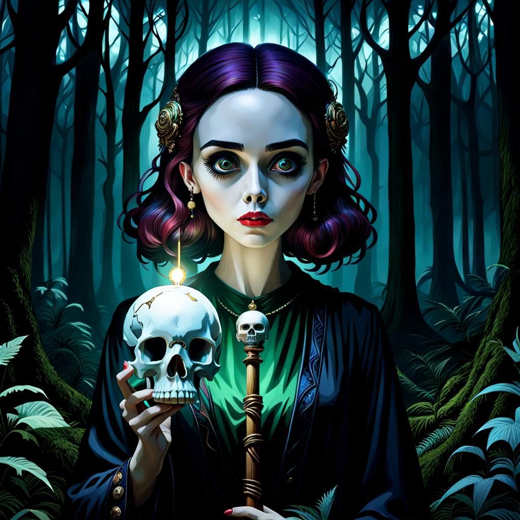 Girl with Shining Skull in Dark Forest, Burton Style