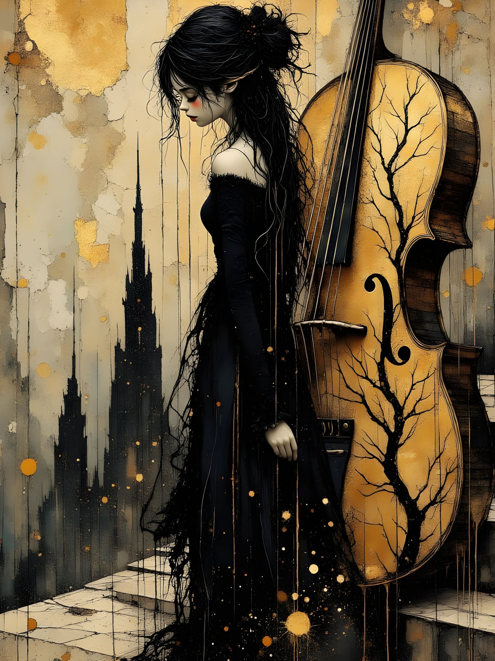 Melancholic Gothic Girl with Violin as Oil Painting