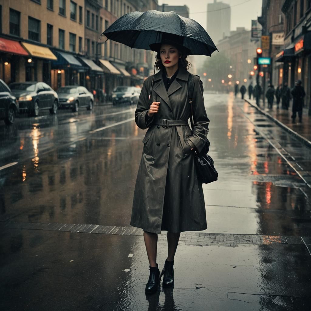 Film Noir Woman in Rainy City Street