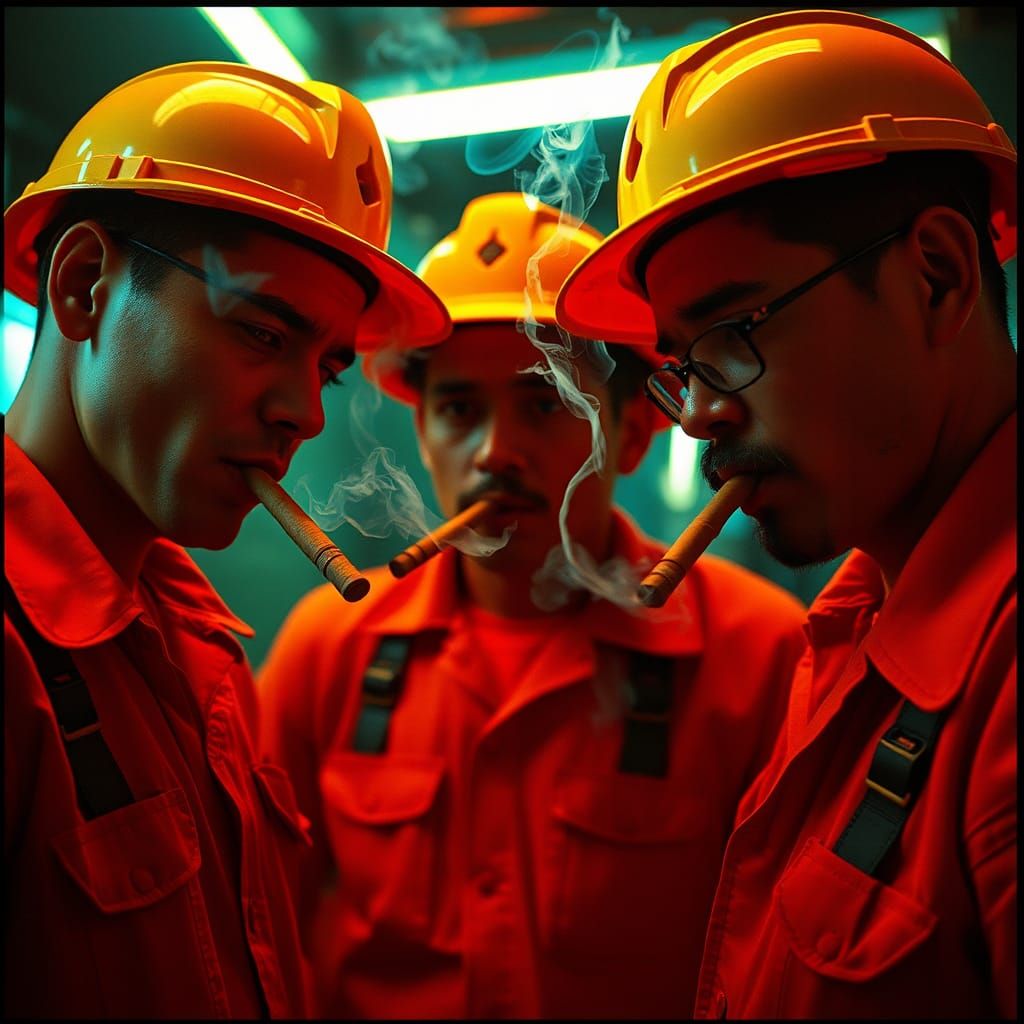 Surreal Cigar Break: Geometric Workers in Vivid Colors