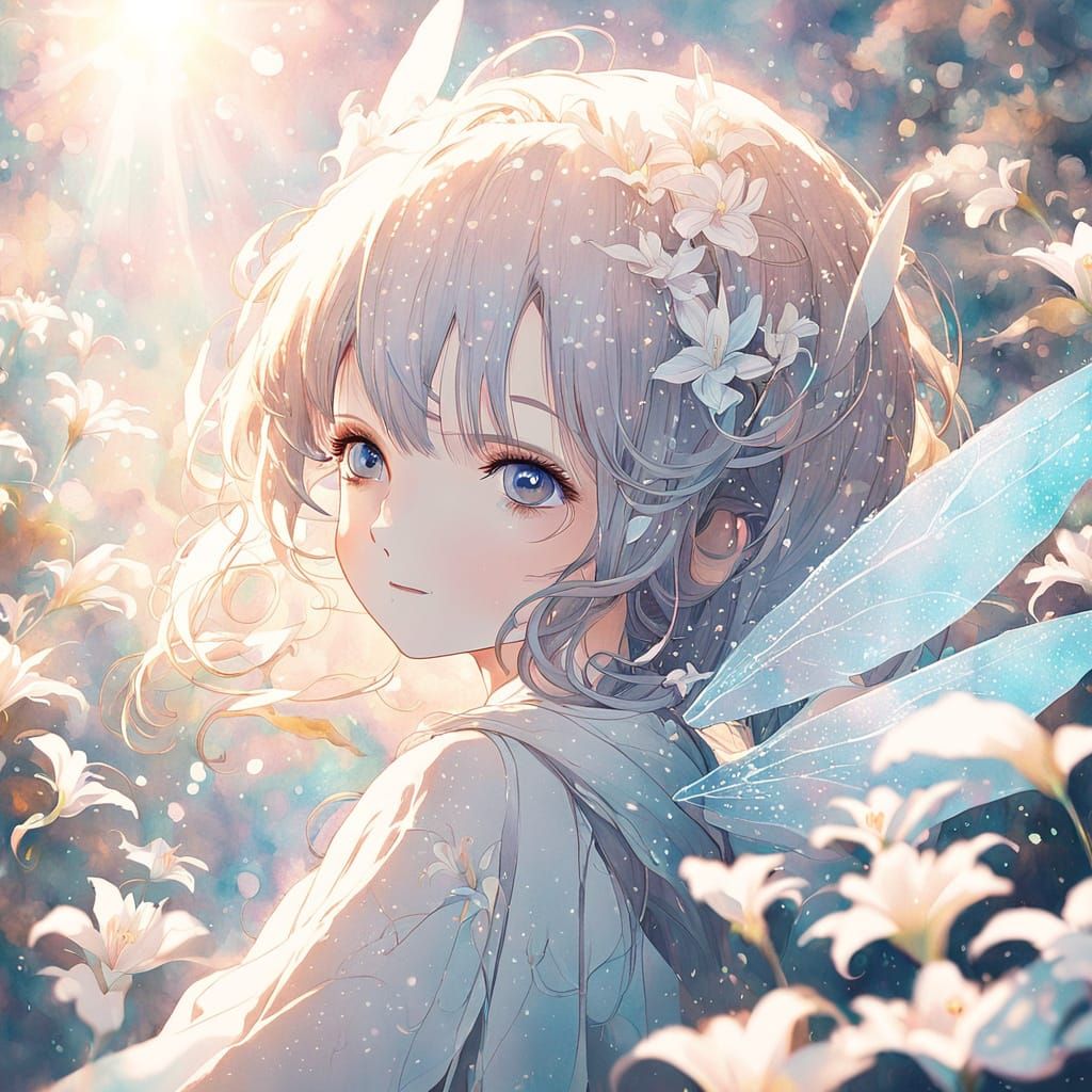 Luminescent Fairy Girl in Lily Pad: Anime Style