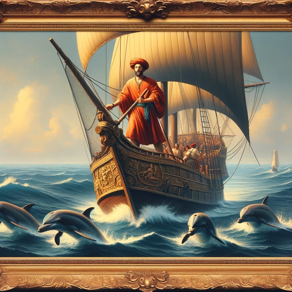 Sailboat Towed by Dolphins in Golden Age Spanish Style