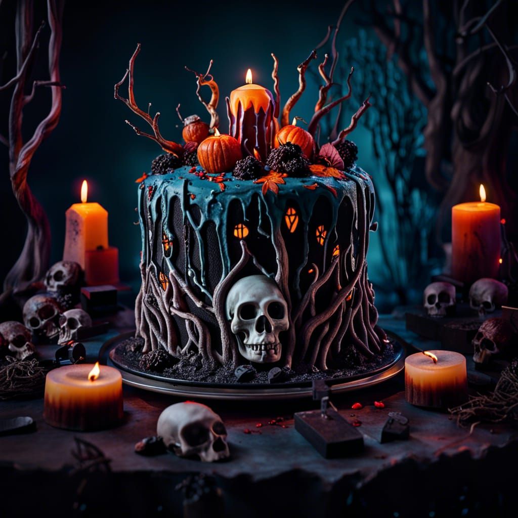 Haunted Gothic Cake with Skulls and Gravestones