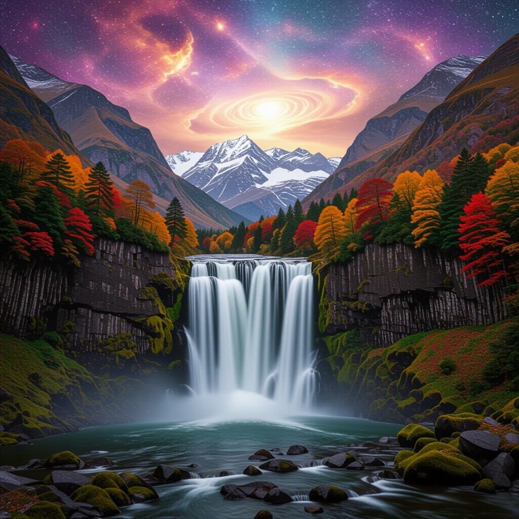 a waterfall in the mountains during autumn 120