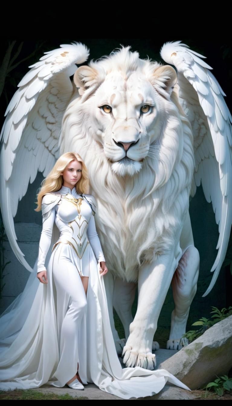 Winged White Lion Protecting Blonde Woman