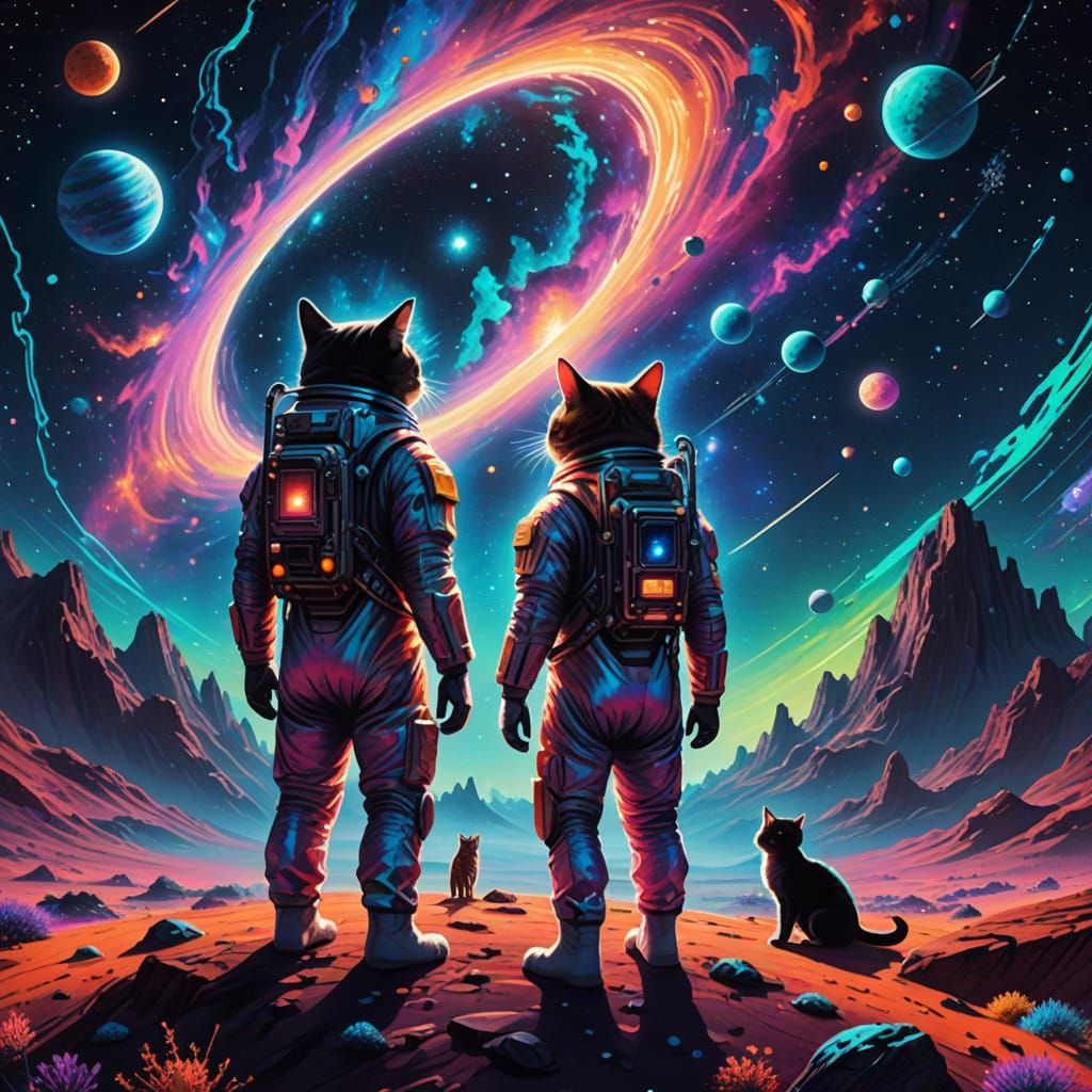Cosmic Cats in Space Suits Stand on Alien Planet