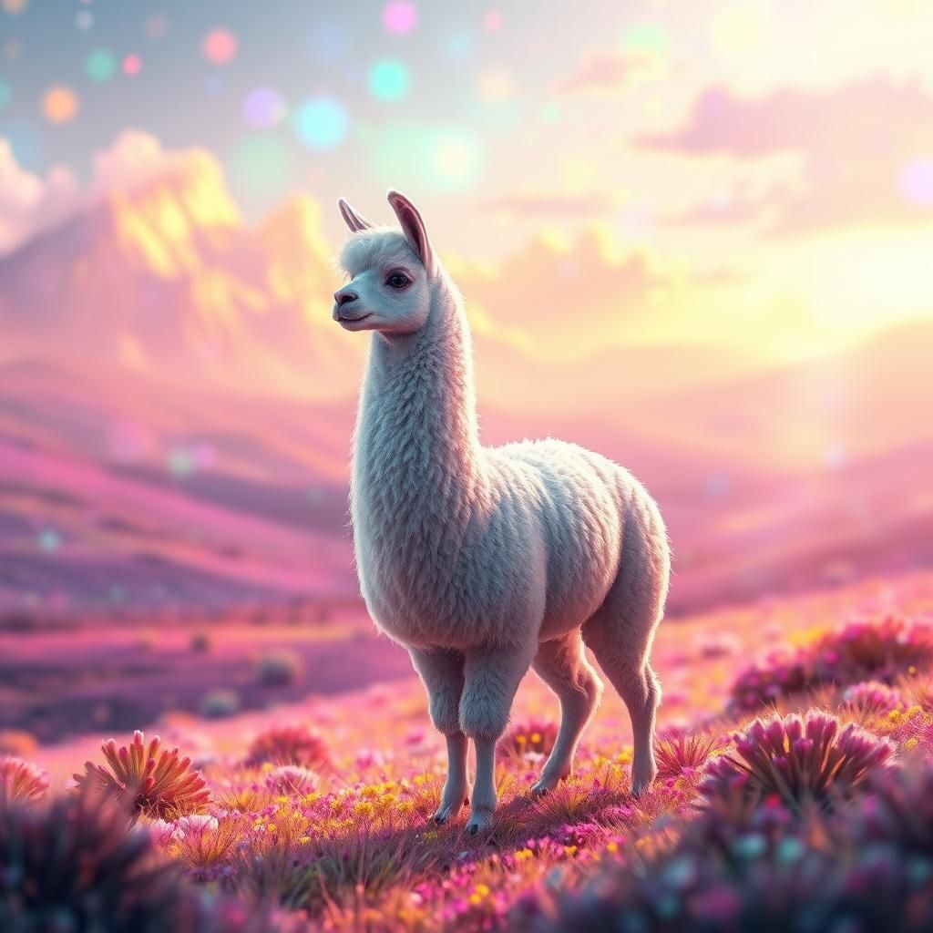 Dreamlike Alpaca in Iridescent Anime Landscape