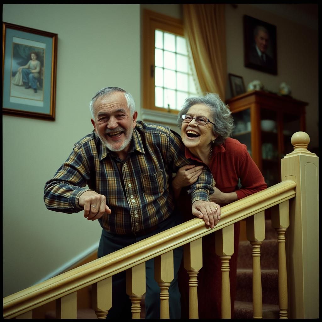 Joyful Elderly Couple's Cinematic Staircase Ride