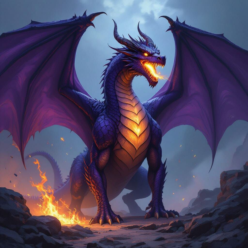 Majestic Purple Dragon Unleashing Fiery Blast