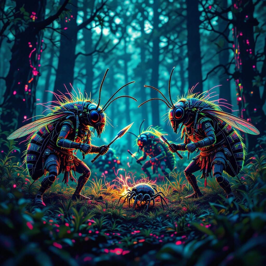 Tribal Lice in Neon Glitch Hologram, Synthwave Style