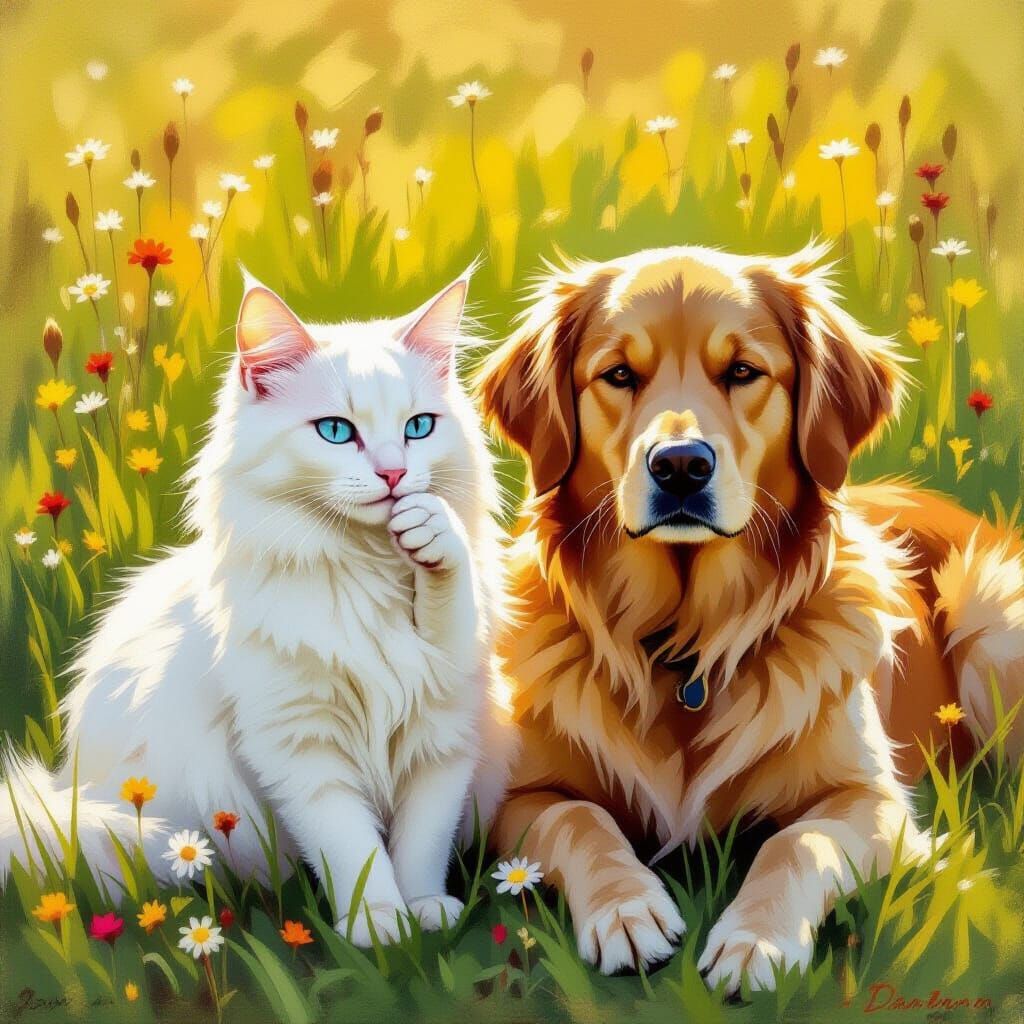 Albino Cat and Golden Retriever in Sun-Dappled Meadow