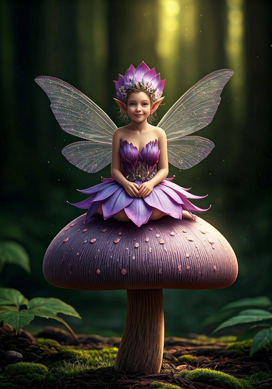 Smiling Fairy on Mushroom in Lush Forest