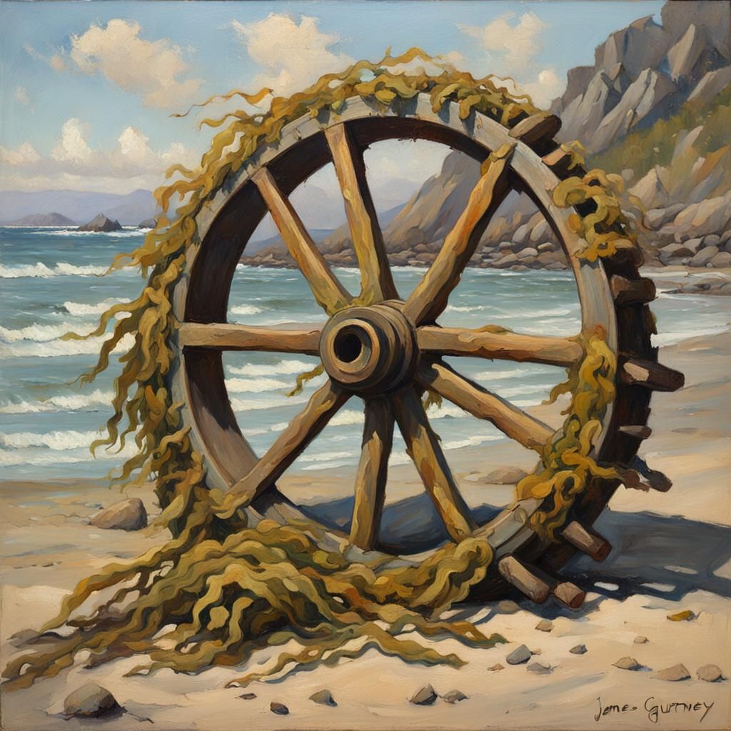 Kelp-Covered Wheel on Beach: Oil Painting