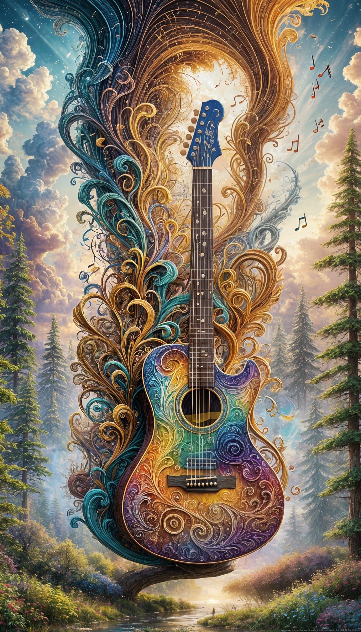 Musical Guitar Landscape with Floating Notes in 3D