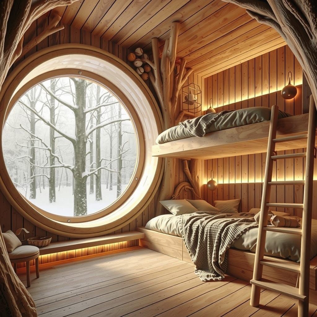 Cozy Winter Cabin Scene in a Hollowed-Out Tree