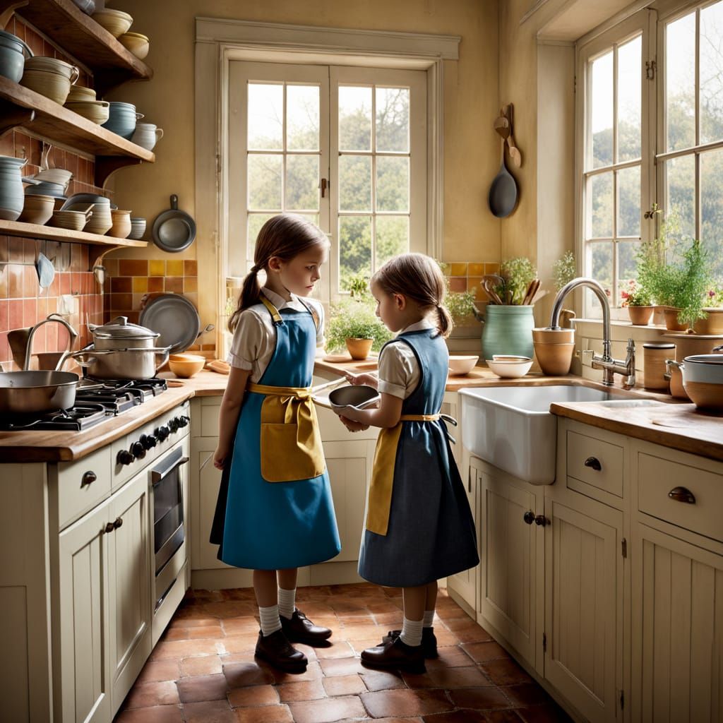 Children Washing Dishes in Whimsical Style