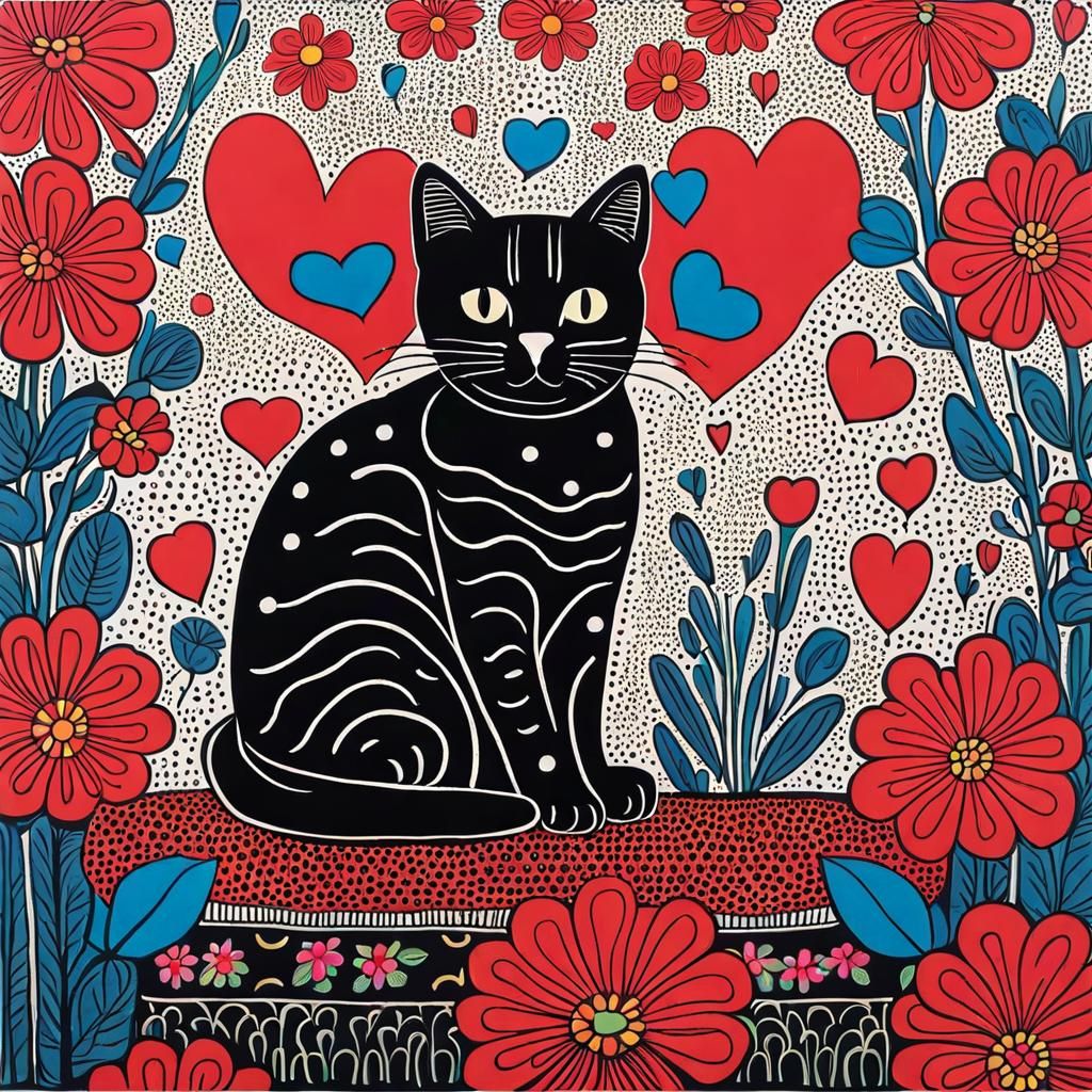 Cat Surrounded by Flowers in Contemporary Style