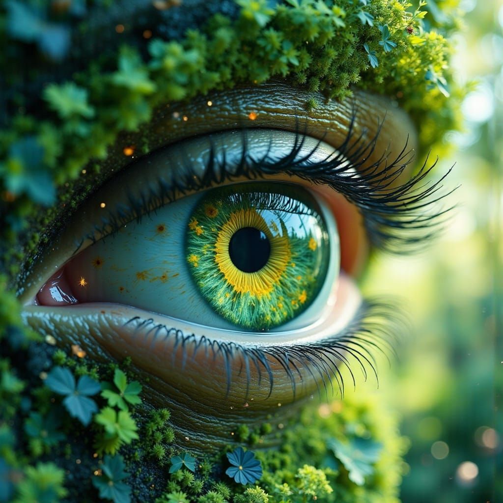 Whimsical Green Eye in a Dreamy Watercolor Sky