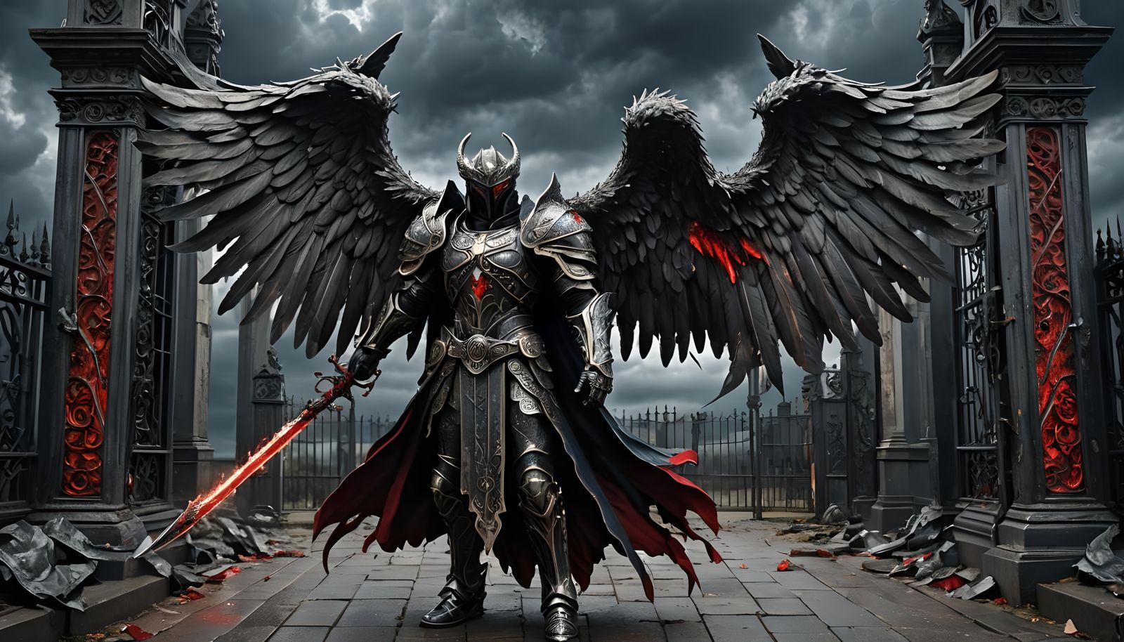 Fallen Angel Guarding Hell's Gate in Hyperrealistic Style